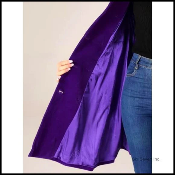 Velvet Trench Coat with Puff Sleeves, A-Line Double Breasted Winter Coat